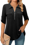 Bulotus Women's 3/4 Sleeve Collared Blouses Business Casual Tops Zip Front V Neck Work Shirts Loose Fit Tunic Tops