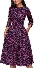 Simple Flavor Women's Floral Vintage Dress Elegant Midi Evening Dress 3/4 Sleeves