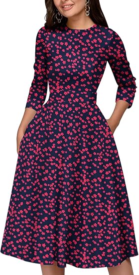 Simple Flavor Women's Floral Vintage Dress Elegant Midi Evening Dress 3/4 Sleeves